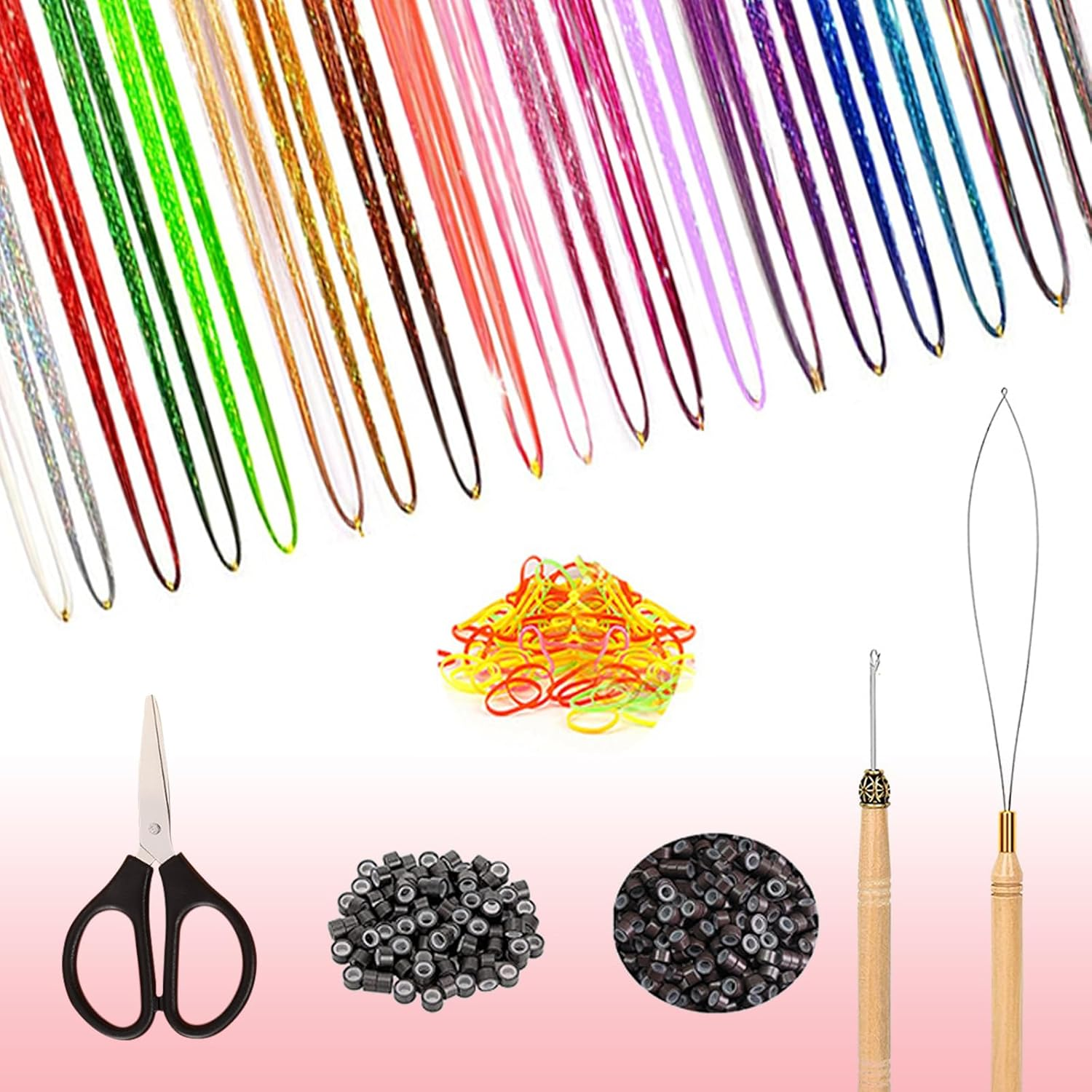 VEGCOO Coloured Hair Extensions 4400 Strands, Hair Tinsel Kit 20 Colors with Tools, Glitter Synthetic Straight Hair Extension Clips Party Highlights Hair Accessories for Kids Girls Women