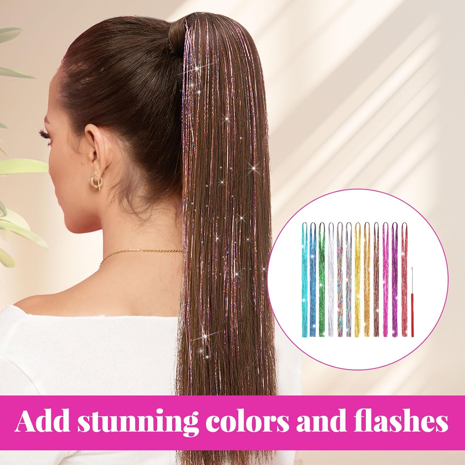 Hair Tinsel, Hair Glitter, Braiding Hair Extensions, 12 Color 2400 Silk Hair Tinsel with Tool, Extensions Highlights Multi-Colors Synthetic Shiny Hair, Suitable for Women and Girls Party Look