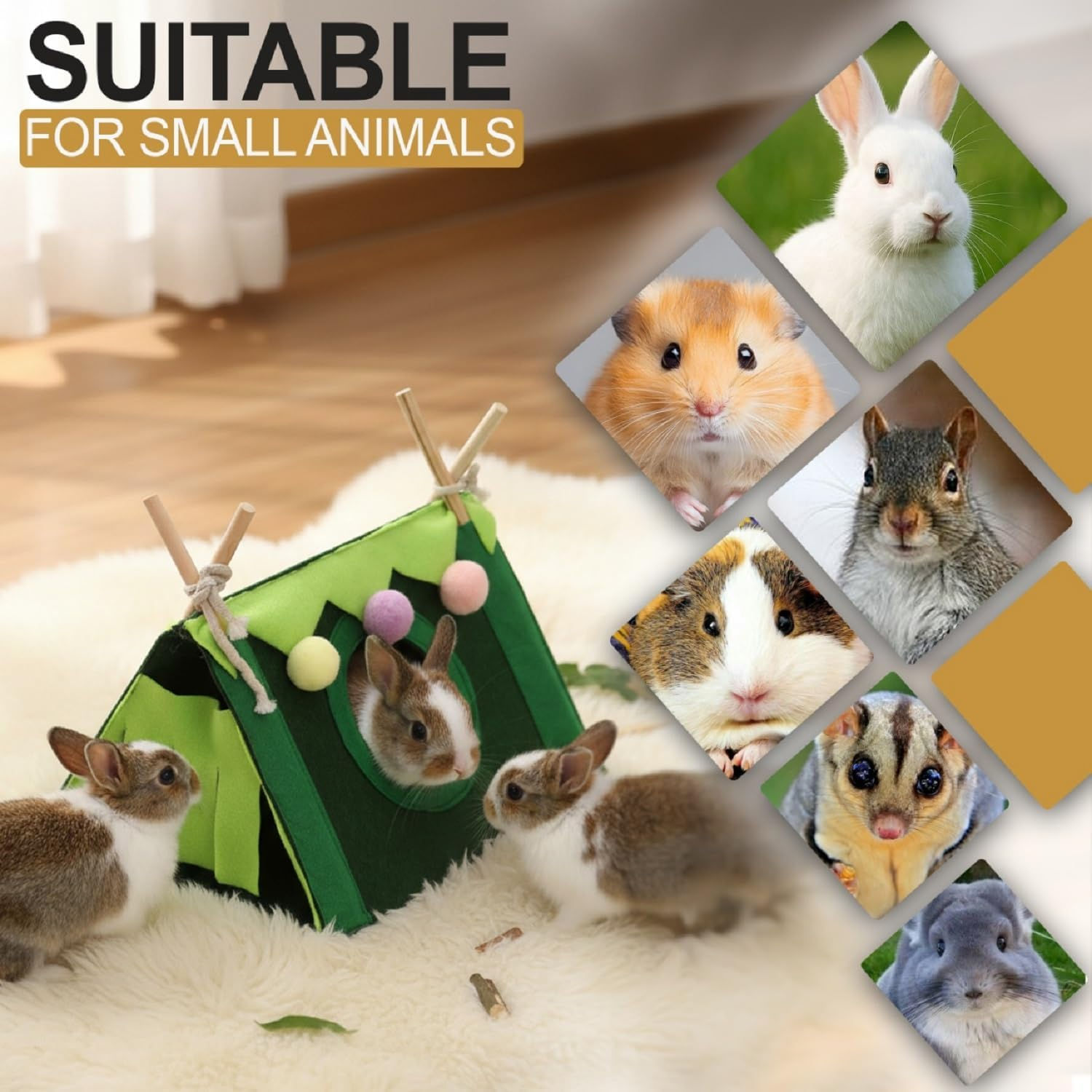 Guinea Pig Hideout Hamster Tent Set, Washable Hideaway Beds Hamster House Hut Nest for Small Pet Animal, Simple Installation, No Metal Fences, Suitable for Rabbits, Ferrets, and Chinchillas (Green) image number 2