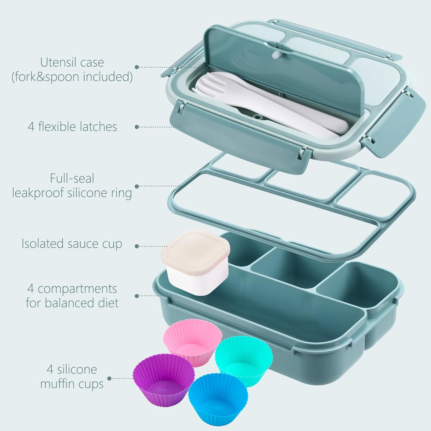 Bento Box Adult Lunch Box for Men Women, Bento Lunch Box for Kids Boys Girls School, Lunch Containers for Adults with 4 Compartments, Utensil Set, Sauce Container, Muffin Cup, Green image number 6
