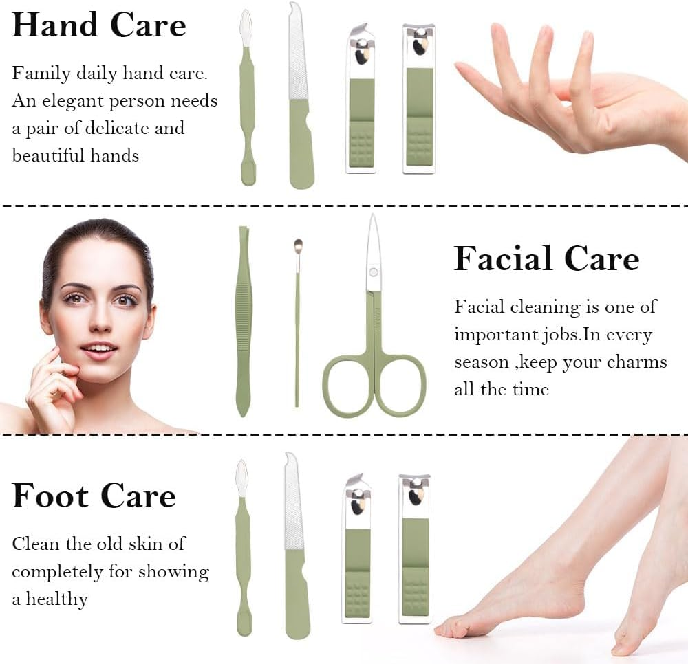 Nail Clipper Set,7 in 1 Christmas Green Stainless Steel Nail Clipper Manicure Set,Fingernail & Toenail Grooming Kit Tweezers Eyebrow Scissors for Mens and Women,Travel Size Nails Care Tools with Case