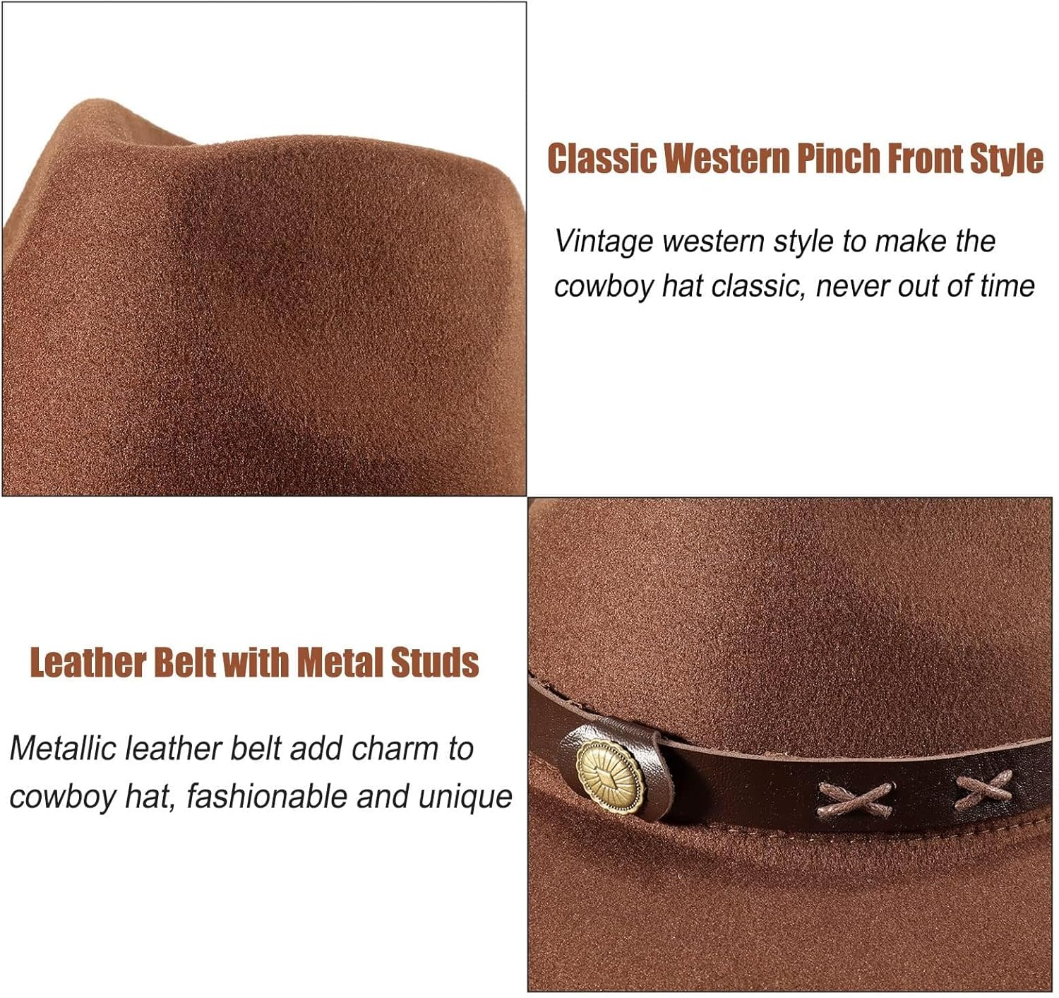 Classic Western Cowboy Hat for Men Women, Wide Brim Felt Fedora Cap, Vintage and Cool Western Style, Sun Protection and Comfort image number 6