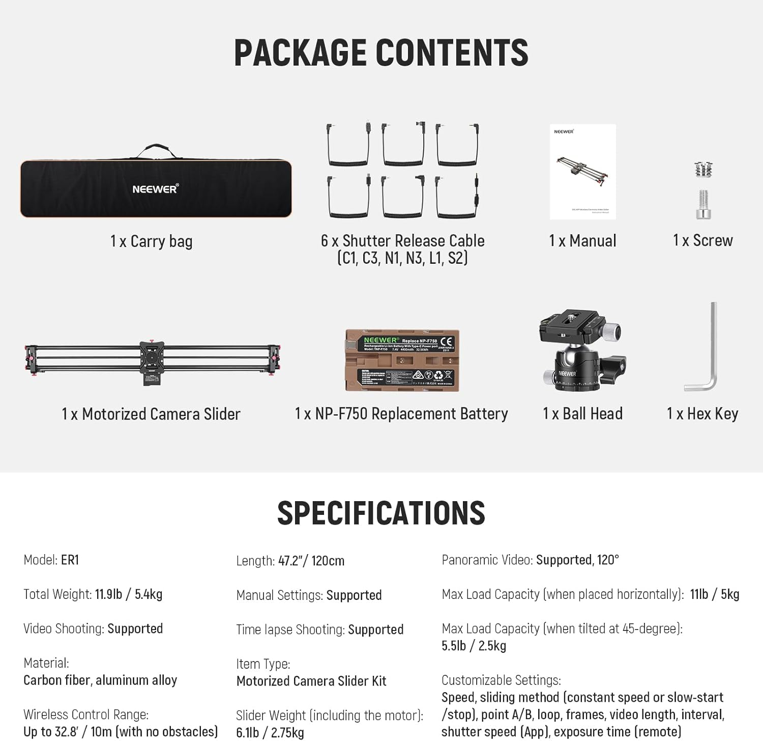 NEEWER 47.2"/120Cm Motorized Camera Slider, App Wireless Control DSLR Carbon Fiber Dolly Rail Slider with 4400Mah F750 Battery (Charger Not Included), Support Video Mode, Time Lapse Photography, ER1 image number 5