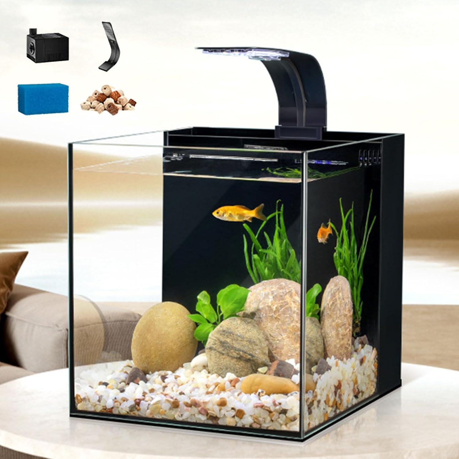 YSOAE Fish Tank Kit, Rimless Glass Aquarium Starter Kits with Partitioned Filtration, No Installation Required Betta Fish Tank with Decor for Enthusiasts & Beginners (20X23X22Cm)