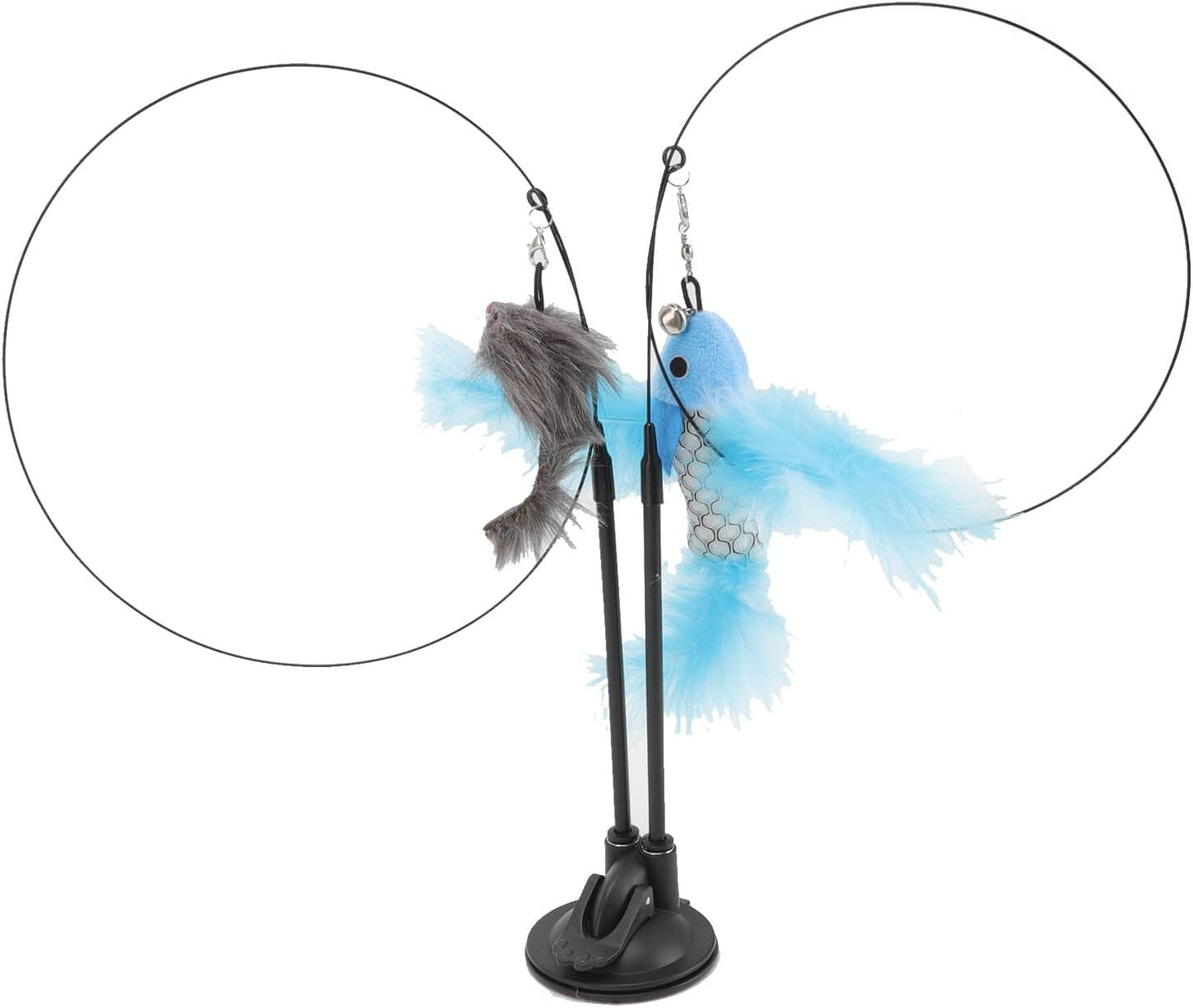 Cat Teaser Stick Toy, Powerful Base Flexible Boredom Relief Double Ended Suction Cat Feather Wand Interactive Toy Indoor Removable Steel Wire (Blue Flying Fish and Gray Mouse)