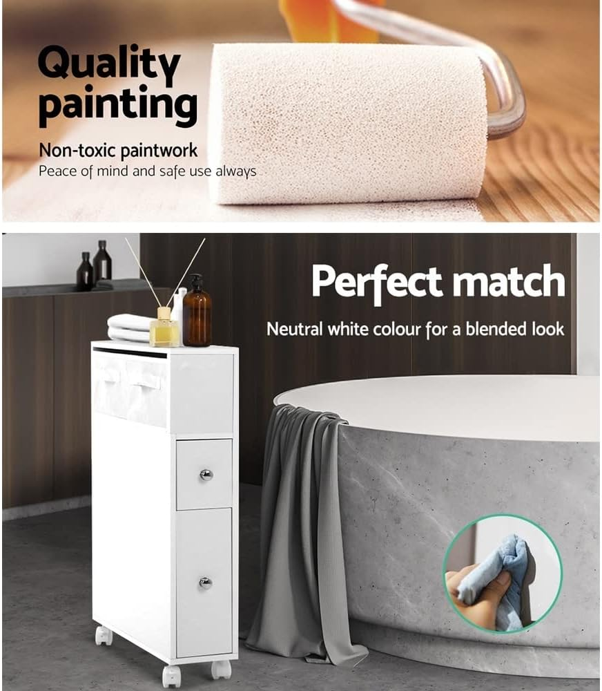 Artiss Bathroom Storage Cabinet, 70Cm Height Cupboard Side Table Corner Shelf Wall over Toilet Roll Storages Cabinets Home Furniture Organiser Accessories, with Wheels Slim Space Saving White image number 4