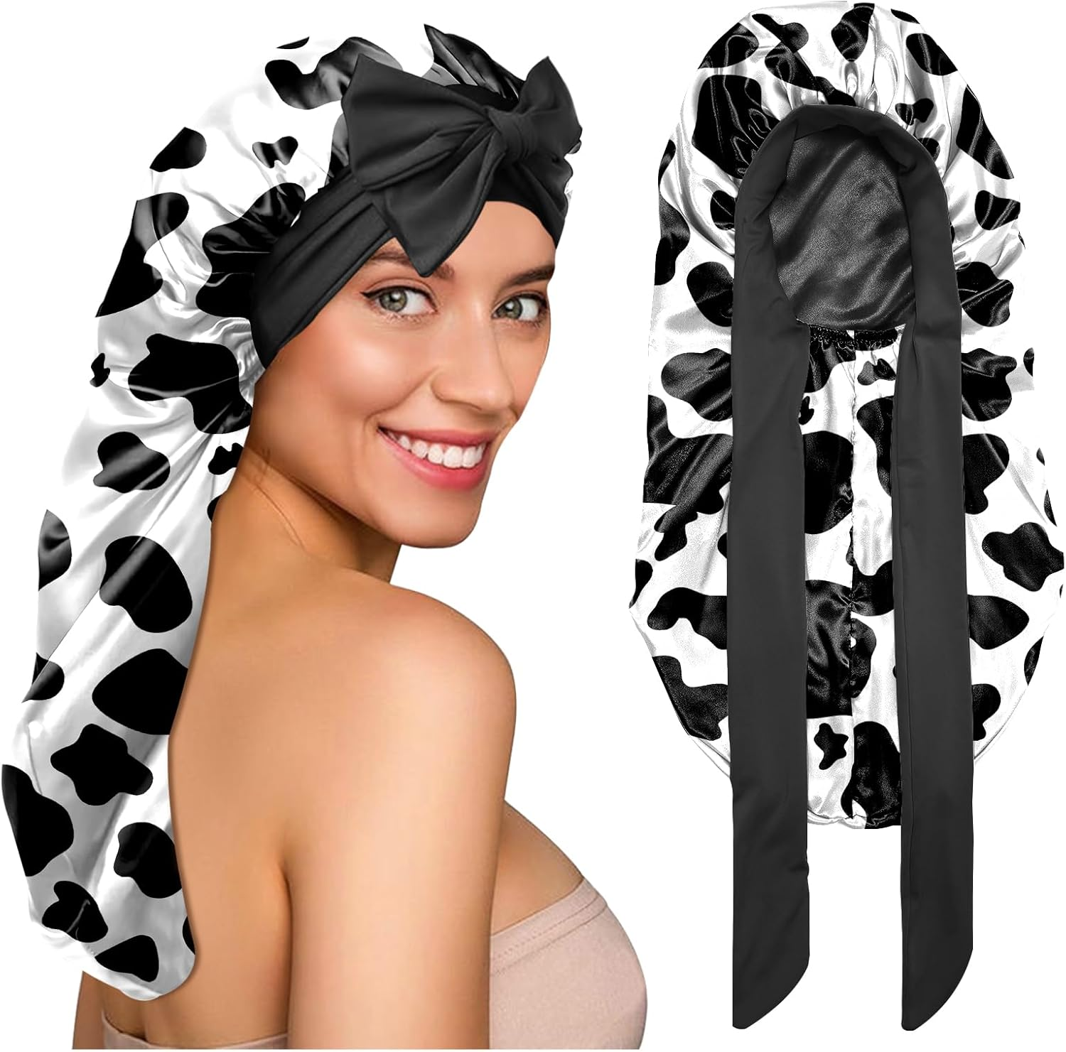 BHAHB Silk Feeling Long Satin Bonnet for Sleeping Adjustable Double Layer Elastic Reusable Long Hair Caps Cute Women Girls