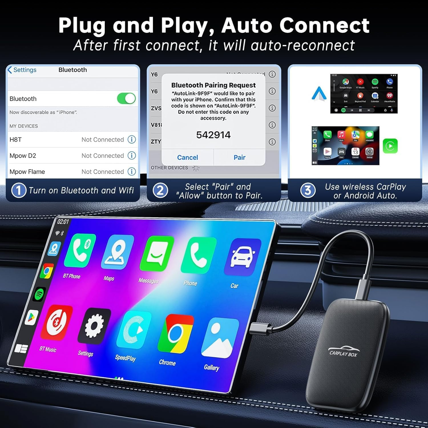 5-In-1 Carplay and Android Auto Wireless Adapter, Wireless Carplay Adapter with Netflix Youtube TF Card, Plug & Play, Easy Setup, Magic Video Ai Box for OEM Wired Apple Car Play Cars image number 2