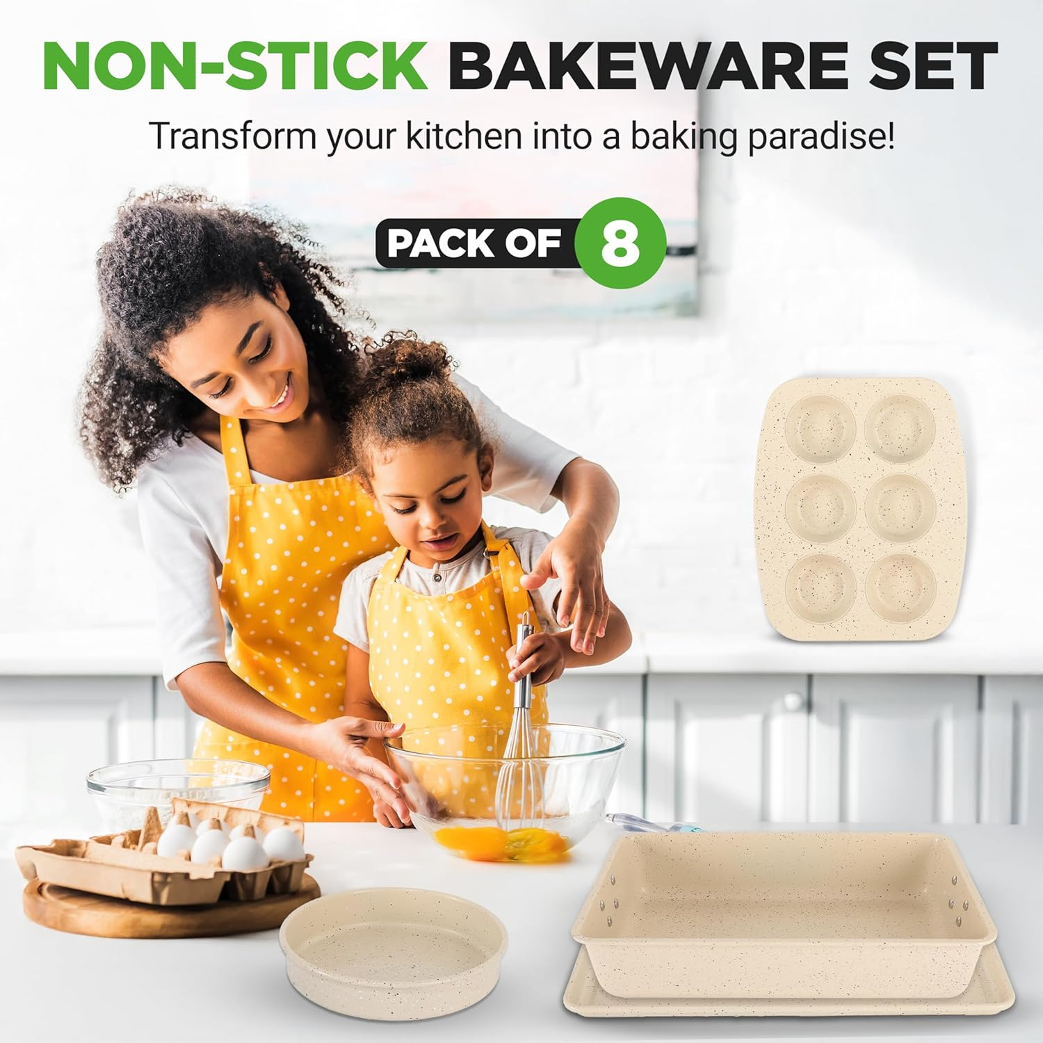 Nutrichef 8-Piece Stackable Bakeware Set, Carbon Steel Non-Stick Baking Pan Set, Includes Sheet, Muffin, Round, Loaf, Square Cake & Deep Pans, PFOA & PFOS Free, Oven Safe to 232&deg; F (Marble Cream) - Black Marble image number 7