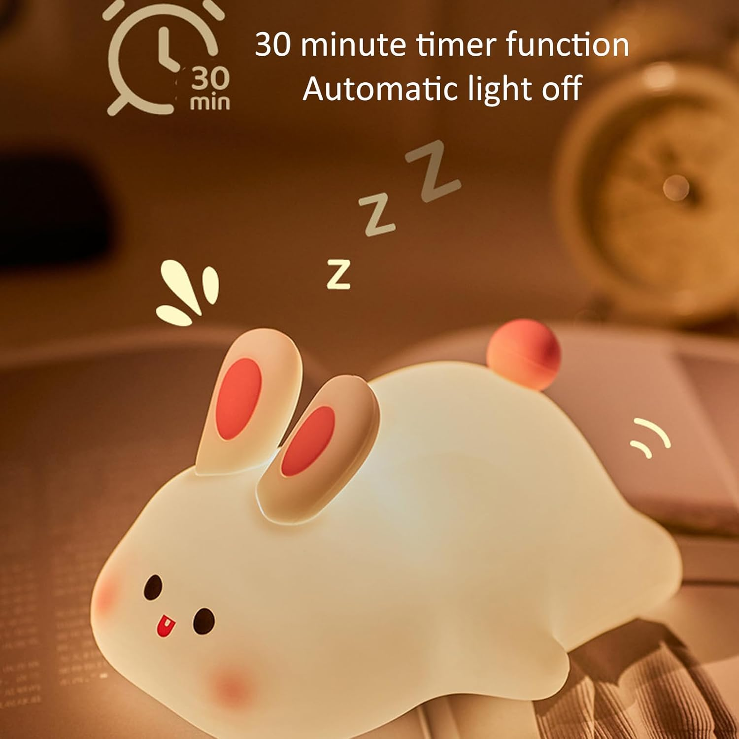 Shgarden Big Face Rabbit Night Light Cute Silicon Bunny Gifts 3 Level Dimmable Squishy Nightlight Rechargeable Bedside Touch Soft Lamp for Nursery Breastfeeding Bedroom Living Room SH0091 image number 3