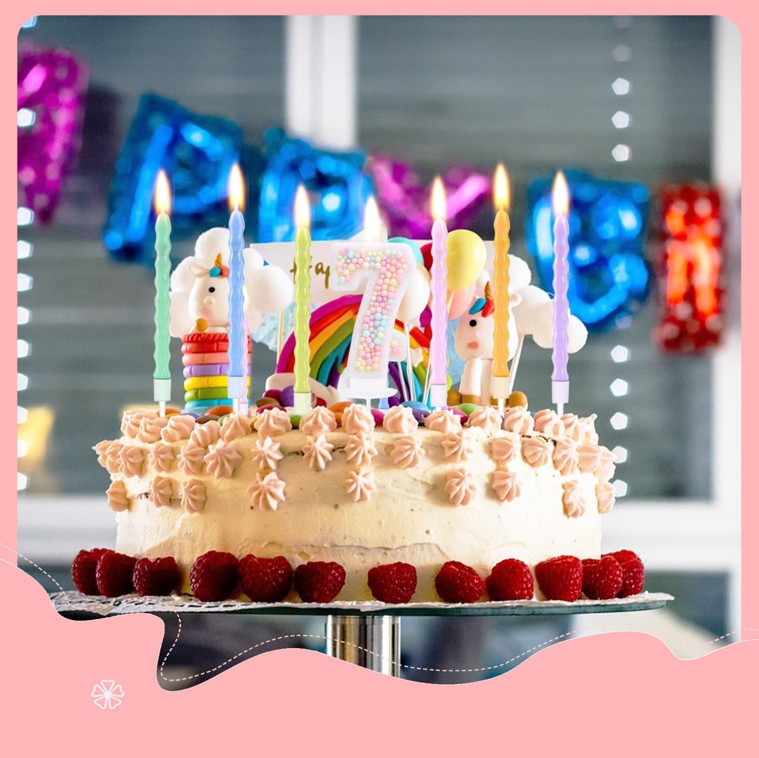 7 Birthday Candle Pastel with 6 Pcs Rainbow Pearl Candles, 3D Macaron Glitter Number 7 Candle for Birthday Cake Girl Women Sweet Theme 7Th Birthday Anniversary Party Decoration image number 6