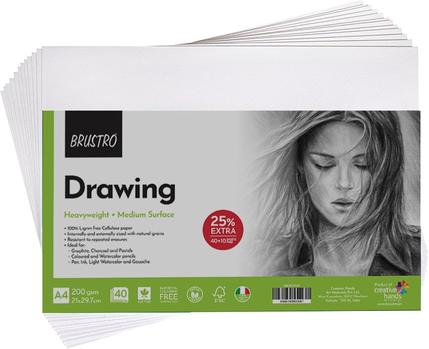 BRUSTRO A4 Drawing Paper Sheet - 200 GSM | Ideal for Graphite, Charcoal, Pastels, Watercolor, Sketching, Colouring, School Assignments, and Office Work | 8.3 X 11.7 Inches | Pack of 40 + 10 Free |50 Sheets image number 5