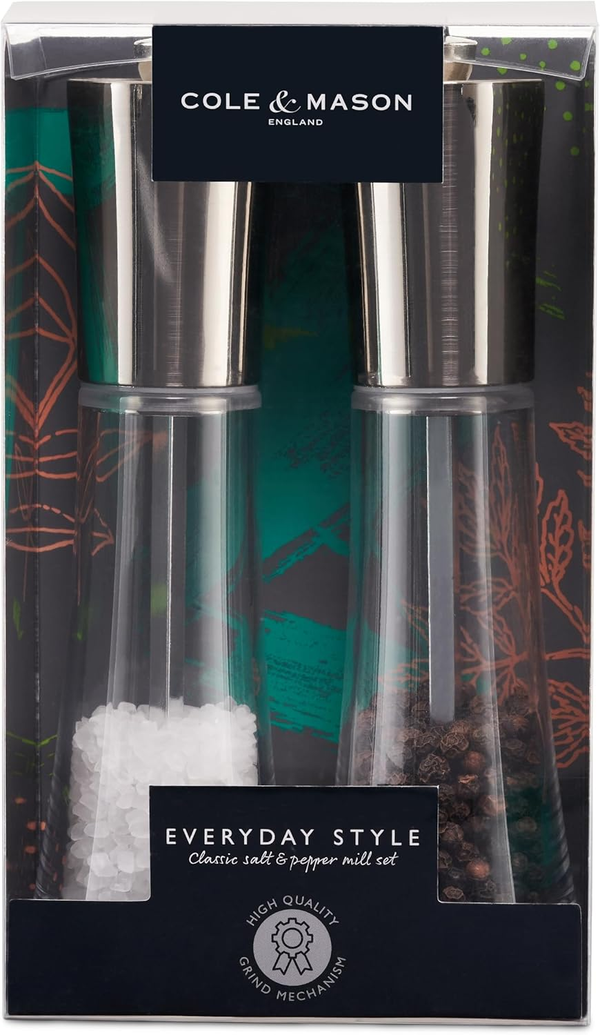 Cole & Mason Salt & Pepper Mill Grinders Gift Set - Adjustable Grind | Pre-Filled with Pepper & Salt | Clear Acrylic and Stainless Steel Design | Easy-To-Refill | Comes with Gift Box | Clear/Black image number 4