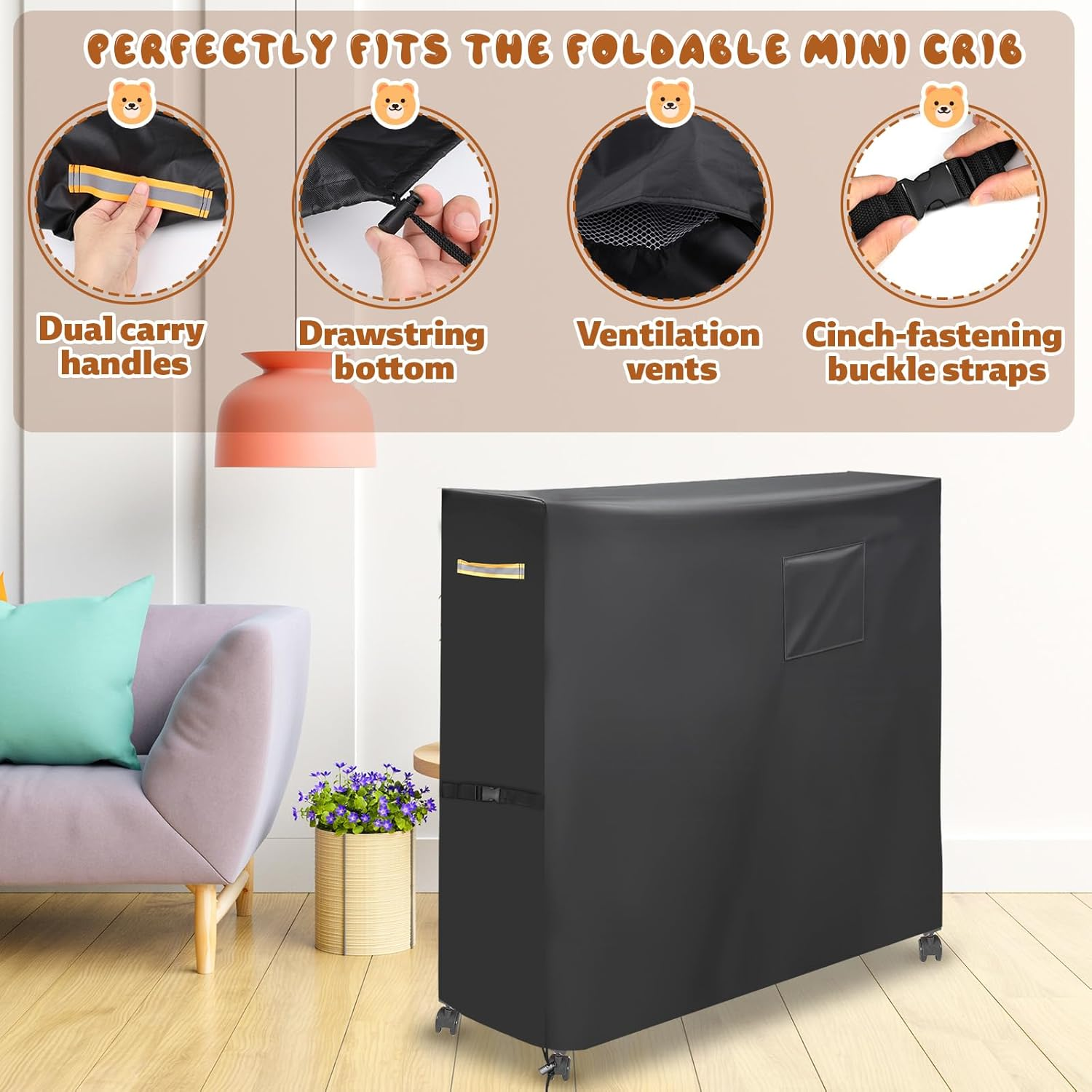 Crib Storage Cover, Oxford Cloth Compact Folding Crib Saver Practical Protection Accessories from Dents Scratches Dust and Dirt While in Storage image number 3