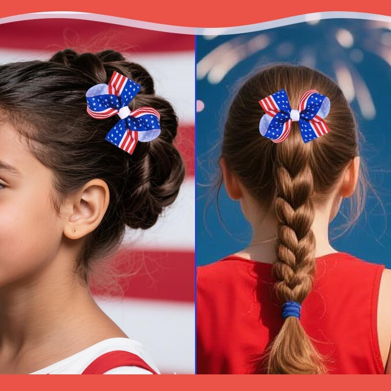 Fourth of July Hair Bow Clips USA American Flag Hair Pins Accessories Red White Blue Stars Stripes Bow-Knot Ribbon Barrette Patriotic Independence Day 4Th of July Headpiece Headwear Outfit 2 PCS