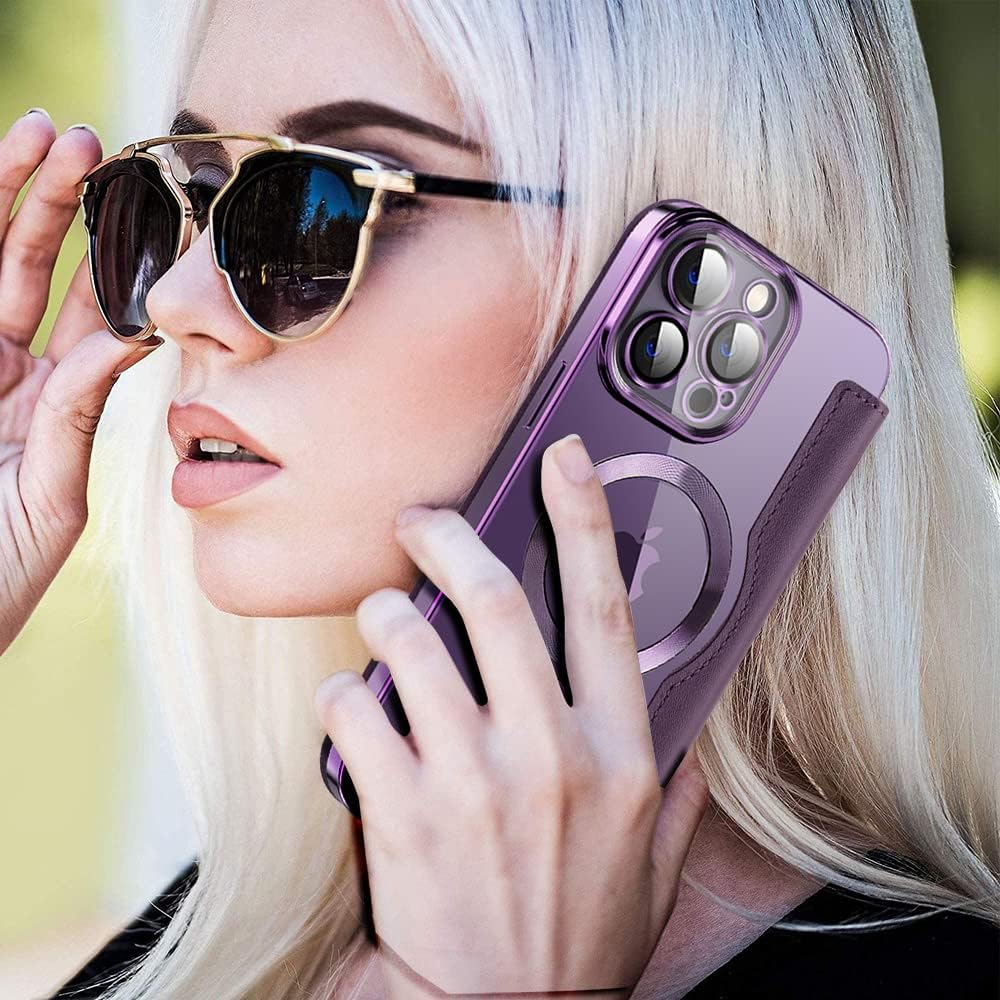 SIYOPINPFY Case for Iphone 13 Pro Max [Compatible with Magsafe] Wallet Flip Case with Card Slot RFID Lock Shockproof Protective Case Back Transparent Mobile Phone Case for Iphone 13 Pro Max, Purple JD image number 4