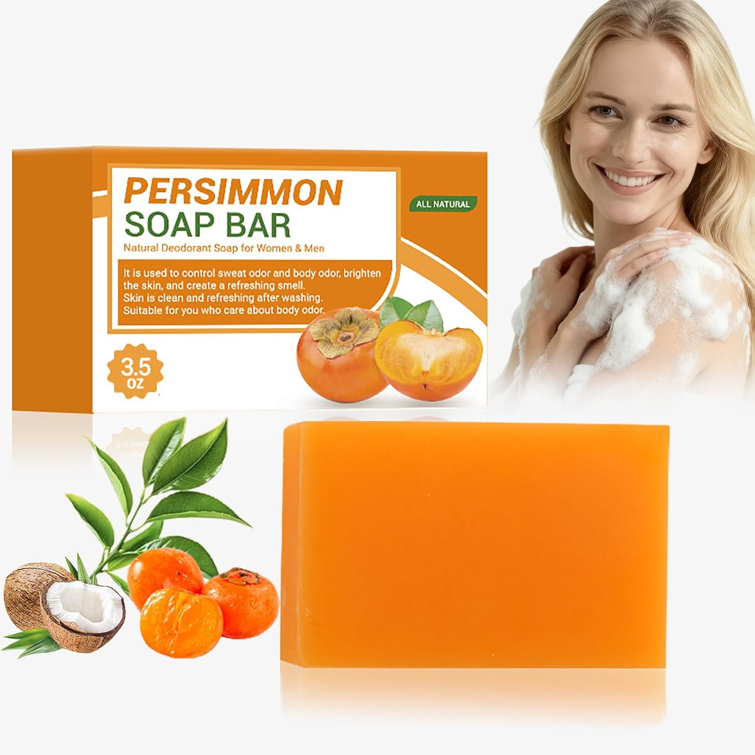 Persimmon Soap Bar for Body Odor Removal, Natural Deodorant Bath Soap for Old People Smell, Handmade Persimmon Green Tea Soap for Face & Body Wash, Deeply Cleansing & Moisturizing Bar 100G (1Pcs)