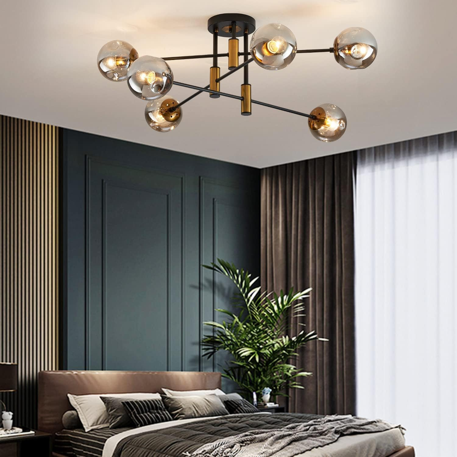 Anyuainiya 6-Light Glass Globe Modern Sputnik Chandelier, Matte Black and Gold Living Room Ceiling Light Fixture Vintage Hanging Chandeliers for Dining Room Living Room Bedroom Farmhouse image number 6