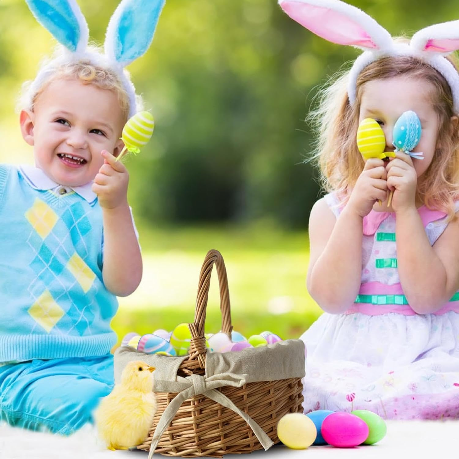 Woven Flower Basket, Wicker Baskets with Handle and Bow, Easter Decorative Storage, Cloth-Lined Basket for Fruit, Candy, Egg Gathering, Flower Cookie Candy, for Wedding Partys Home Garden Decor image number 3