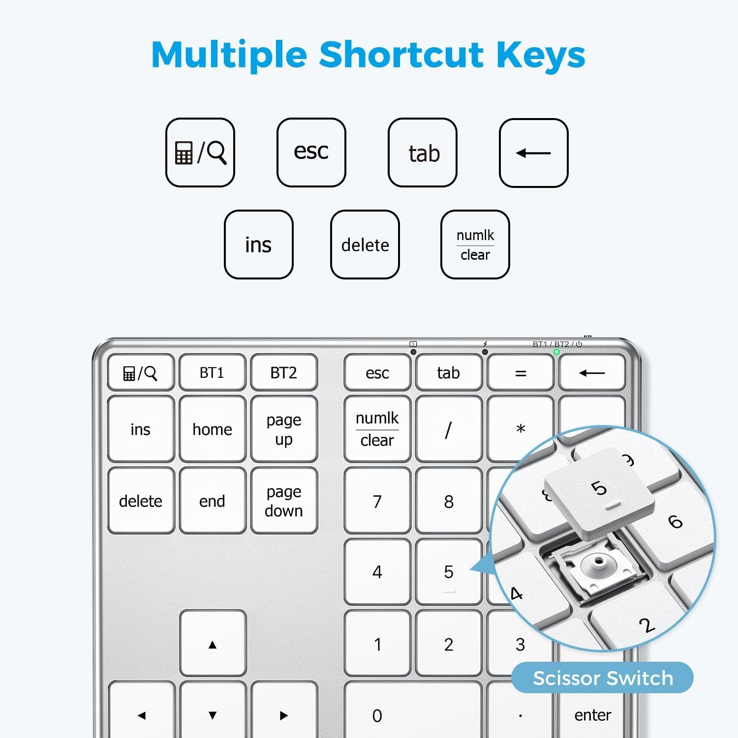 Iclever Bluetooth Number Pad, Multi-Devices Wireless Number Pad, USB-C Rechargeable, External 34-Keys Numpad for Data Entry, Compatible for Laptop, Mac, Imac, Notebook, PC Desktop (Kp10-Silver) image number 2