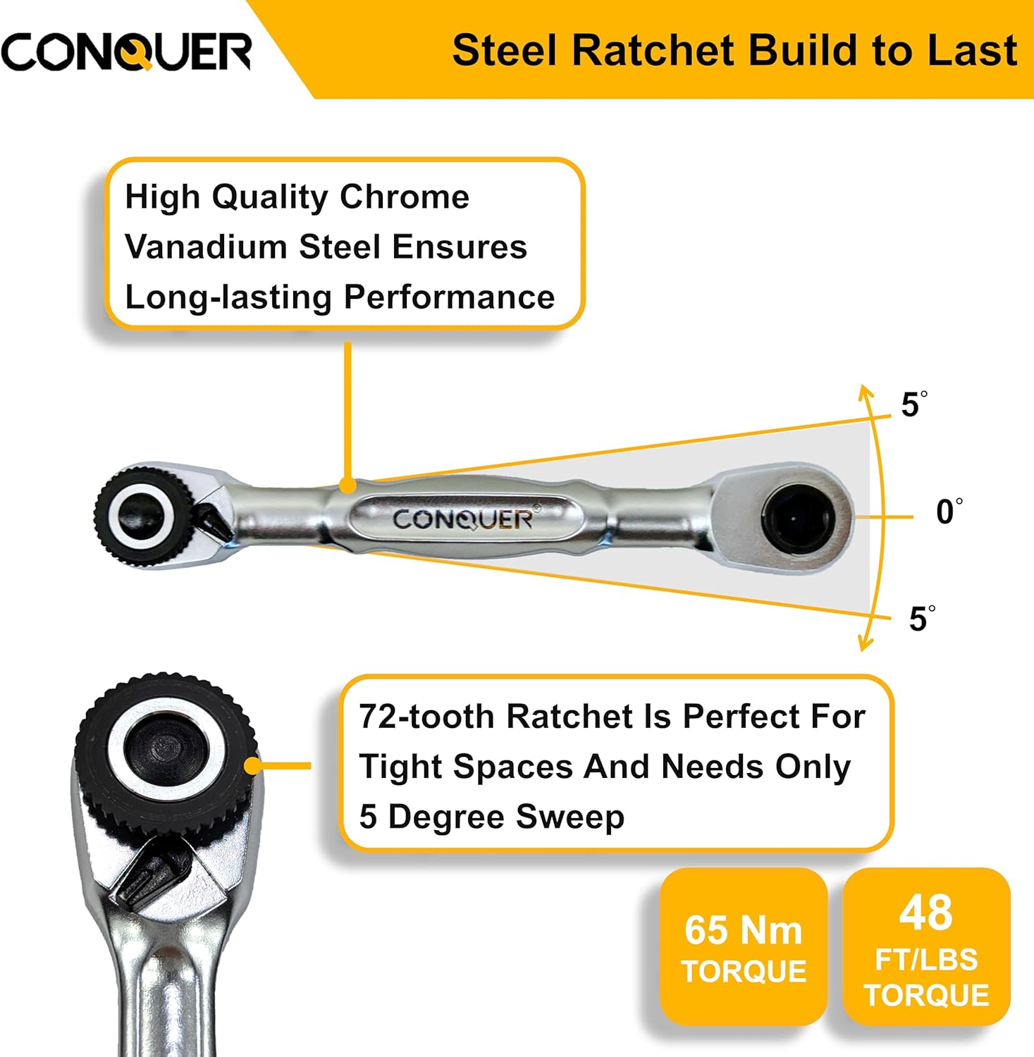 CONQUER Mini Combo Dual Ratchet Wrench with 1/4" Square Drive and Bit Drive High Torque 72-Tooth Gear Head and Spin Disk image number 4