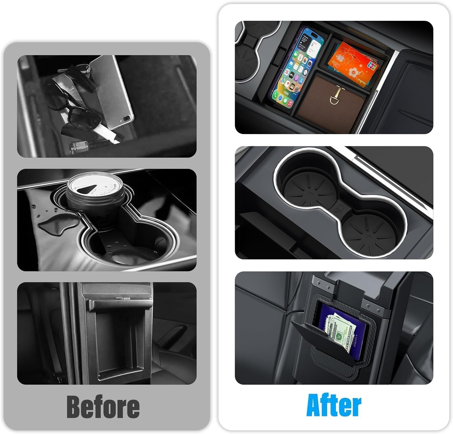 Ixtra 6PCS Center Console Organizer for Tesla Model Y Juniper 2025 2026-Model 3 Highland 2024 2025 Custom Fit Tesla Accessories [Smooth Sliding] Armrest Tray Hidden Storage Box Cup Holder Webcam Cover