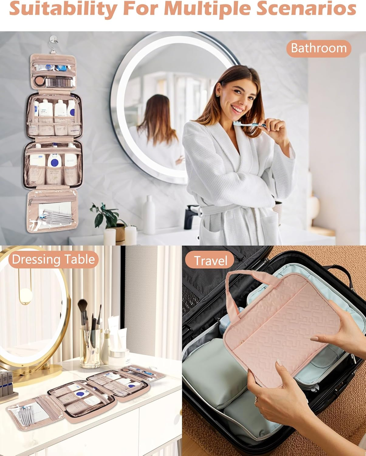 Travel Toiletry Bag for Women, Hanging Travel Bag for Toiletries, Wide-Open Makeup Pouch, Water-Resistant Large Capacity Cosmetic Travel Toiletry Organizer for Daily Use, Christmas (Blue) - Blue image number 4