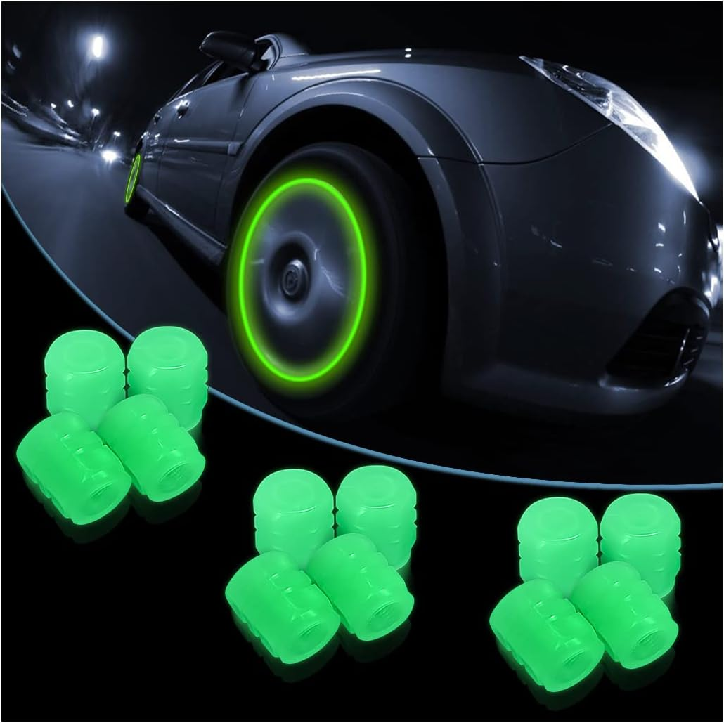 12PCS Fluorescent Car Tire Valve Stem Caps, Auto Corrosion Resistant Wheel Valve Cover, Luminous Illuminated Glow in the Dark, Car Decor Accessories Universal for SUV, Trucks, Car (Red(1))