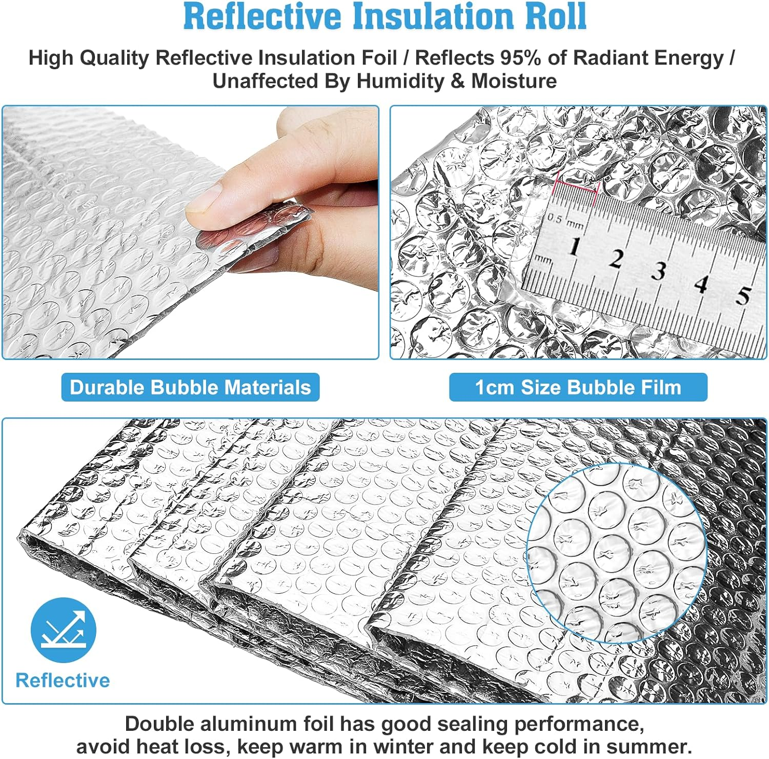 UCINNOVATE 0.5Mx3M Reflective Insulation Roll, Double Side Thermal Aluminum Foil Insulation for Summer Heat, Bubble Window Insulation Shield for Winter Weatherproof Attics,Garage,Rv,Ducts,Roof image number 1