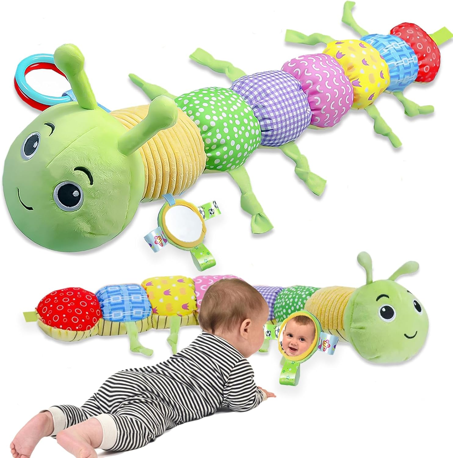 Baby Sensory Toy 0-6 Months Tummy Time Musical Stuffed Animal Caterpillar Toy with Baby Mirror Crinkle Rattle and Rattles for Infants 6-9-12 Months Newborn Girls Boys Baby Gift image number 5