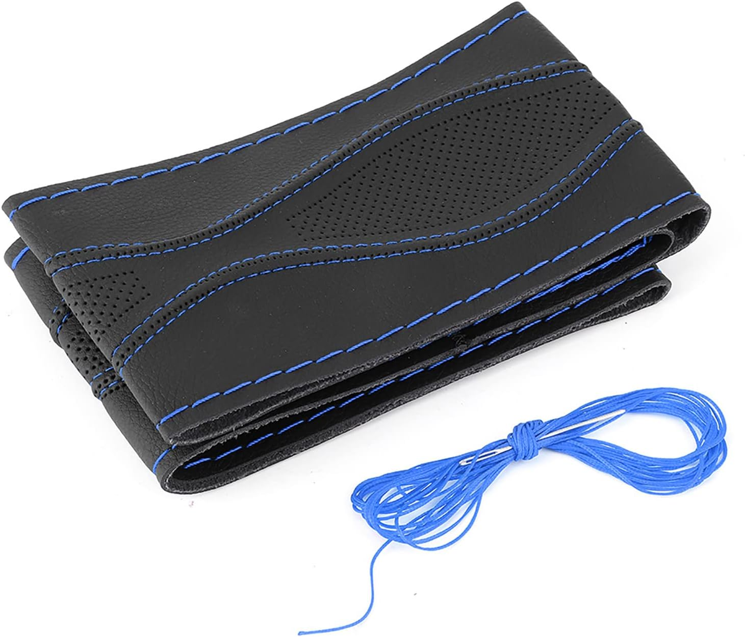 38Cm/15In Leather Steering Wheel Wrap Cover Lace Up, Steering Wheel Stitch on Wrap Cover Universal, Hand Stitching Embossing with Thread, a Whole Piece of Cowhide, Black (Black Blue)