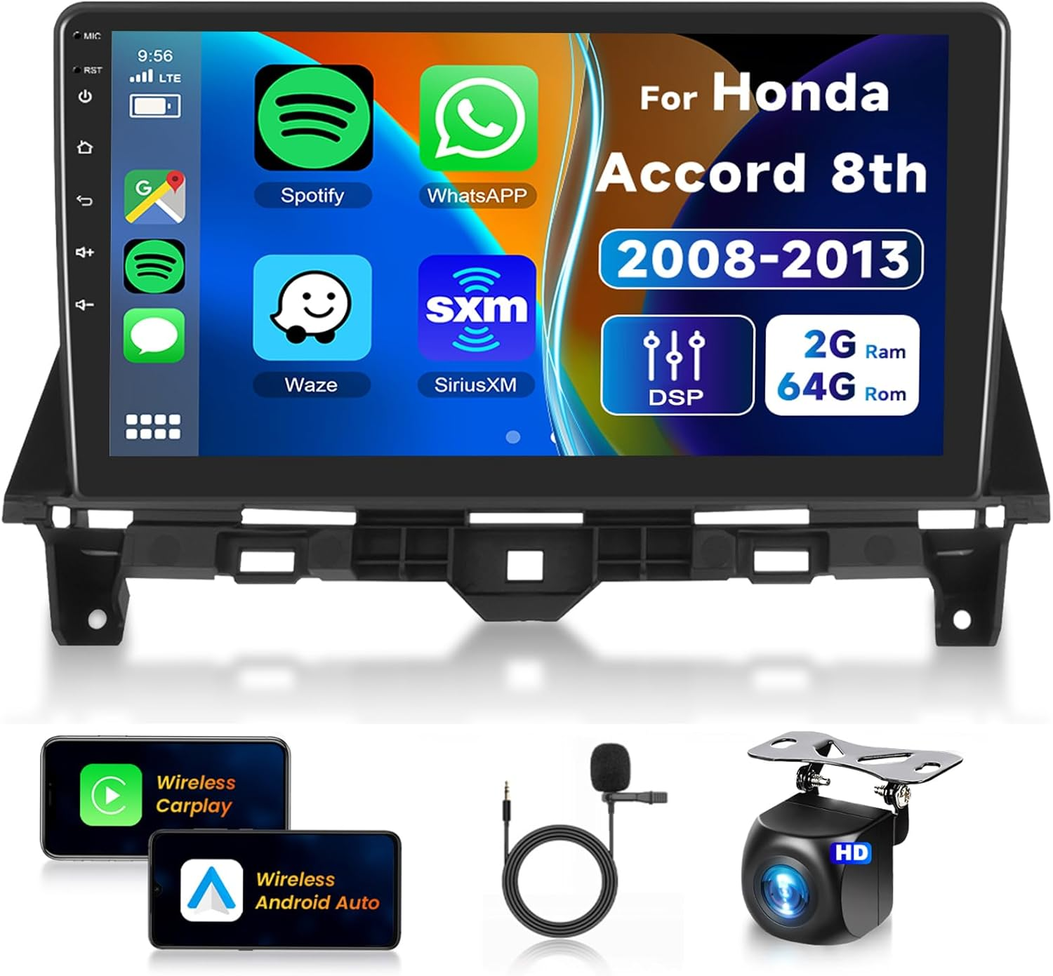 2+64G for Honda Accord 8Th 2008-2013 Android13 Car Radio Car Stereo Wireless Carplay Android Auto, 10 Inch Capacitive Touch Screen EQ GPS Navigation Bluetooth Wifi FM Backup Camera Siri SWC