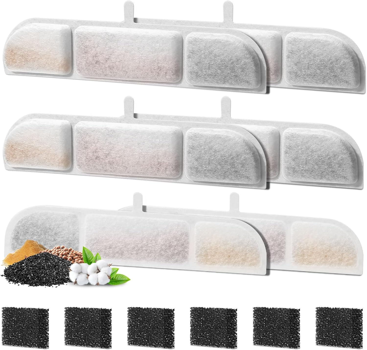 Pack of 6 Cat Fountain Filter, Feriva Cat Fountain Filter for 2.5 L Cat Fountain Wireless, Quadruple Action Pet Water Fountain Filter, Replacement Filter and Pre-Filter Sponges for Cat Drinking