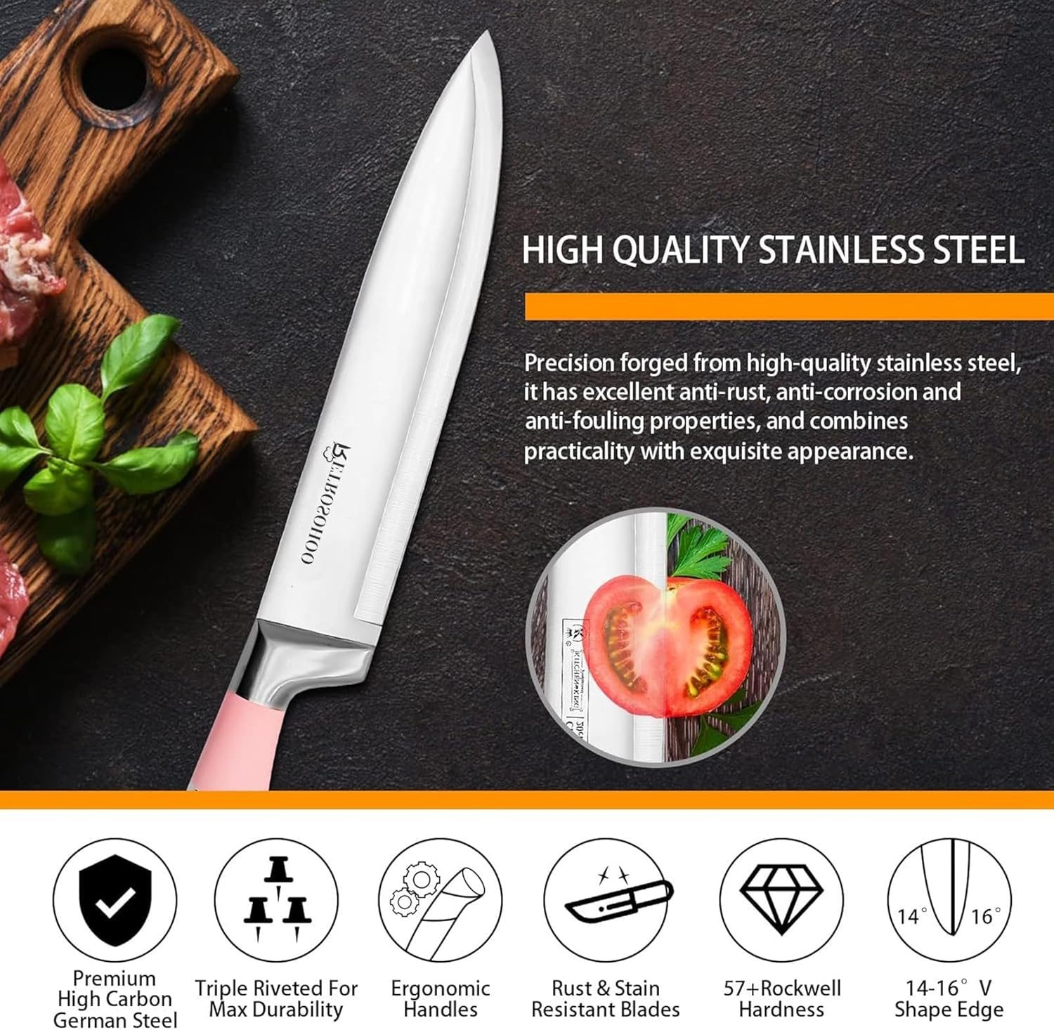 Kitchen Knife Set, 9-Pieces Pink Sharp Non-Stick Coated Chef Knives Block Set,Stainless Steel Knife Set for Kitchen with Sharpener for Cutting Slicing Dicing Chopping (Pink) - Black image number 5
