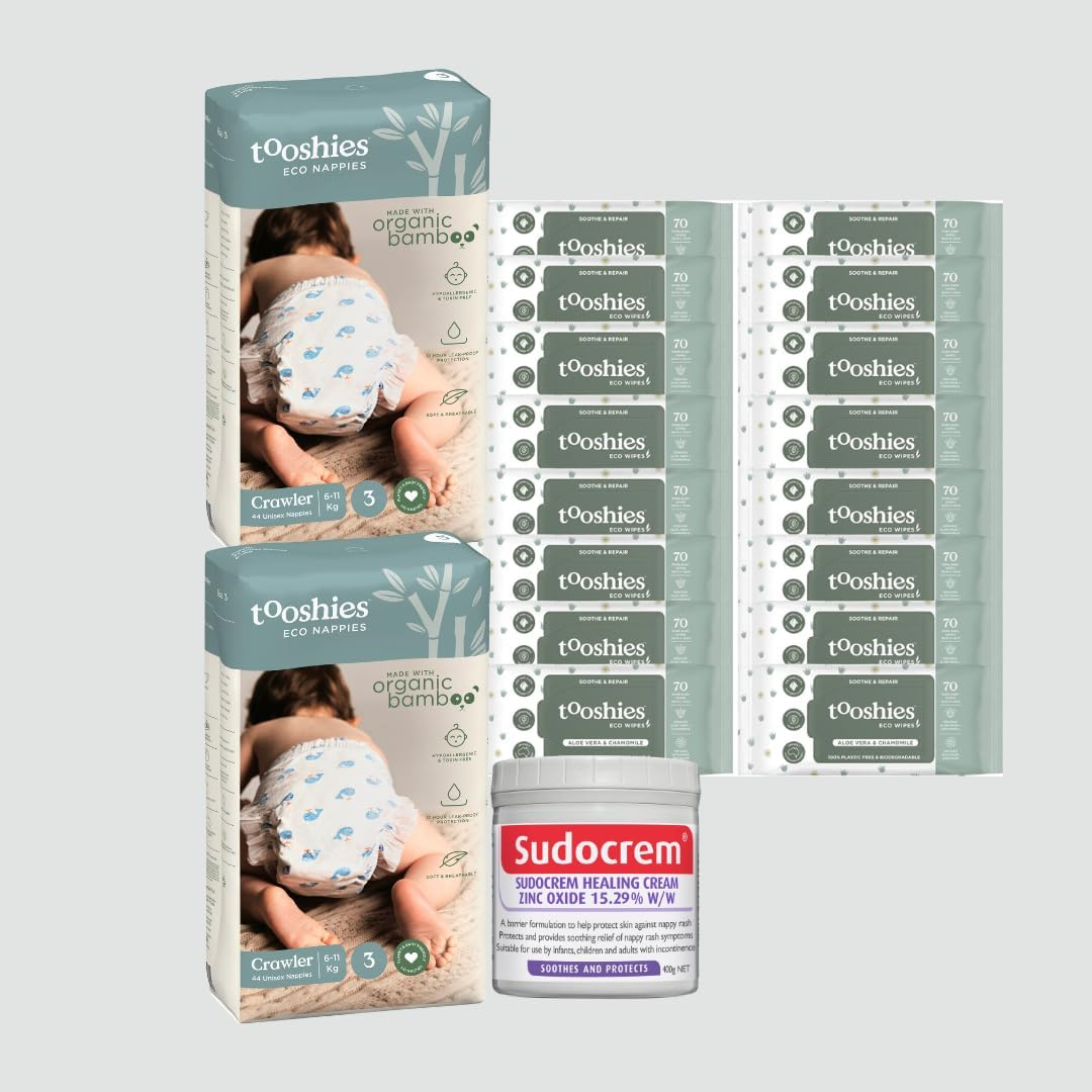Tooshies Eco Nappies Size 3 Crawler 6-11Kg, 88 Count + Tooshies Aloe Vera & Chamomile Eco Wipes, 1120 Pack + Sudocrem Healing Cream 400G image number 4