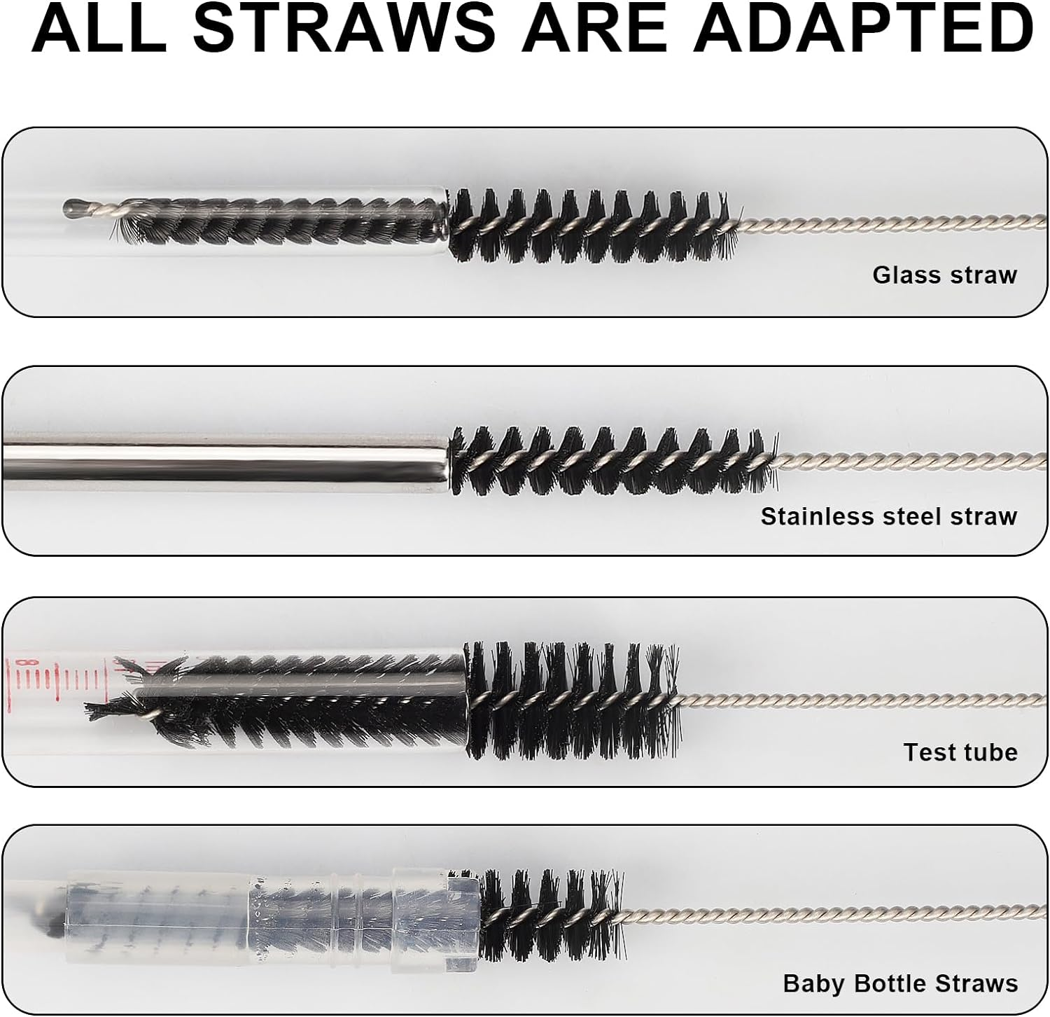 Straw Cleaner Brushes Sets, 12 Pieces 8.2 Inch Botthle Cleaning Brush and Nylon Tube Brush Brush Kit for Sippy Cup, Tumbler, Water Bottle, Drinking Straw (Black)