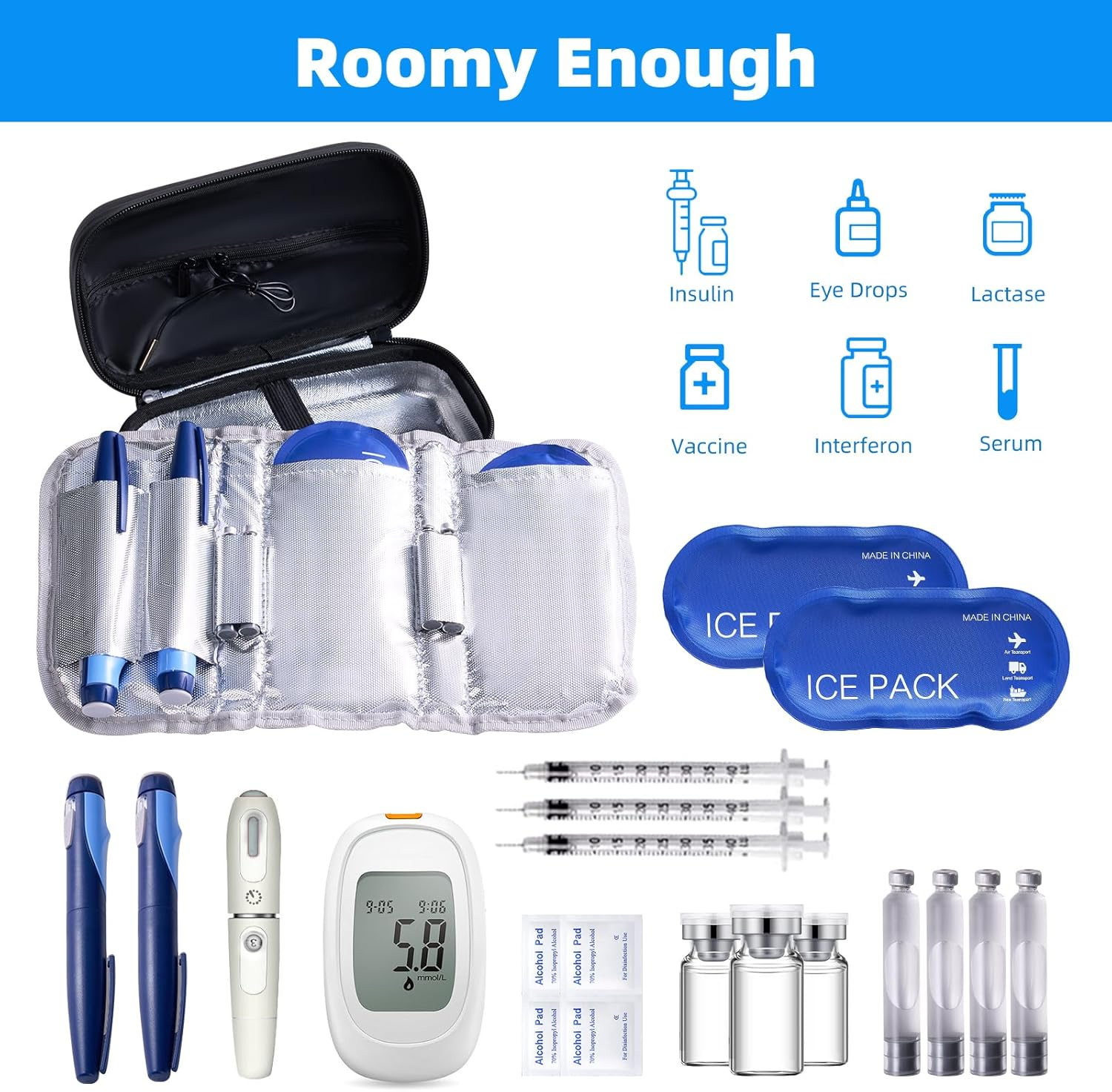 24H Insulin Cooler Travel Case TSA Approved - Medication Diabetic Cooler with Thermometer Temperature Display | Refrigerated Medicine Organizer Bag with 2 Ice Packs for Travel（Blue） image number 6