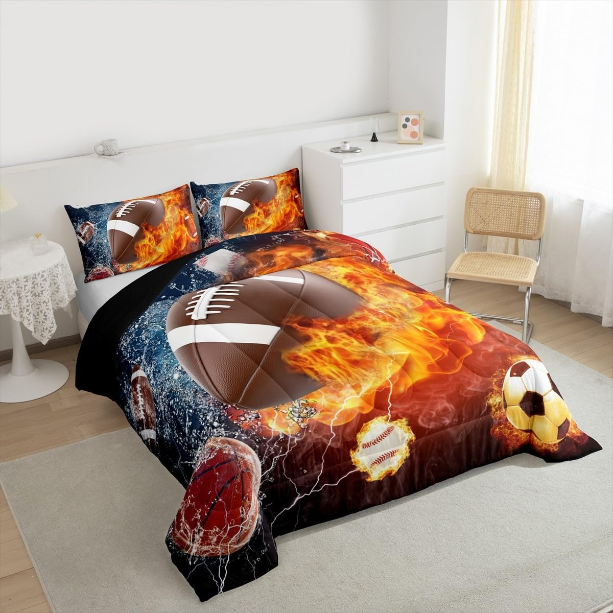 Erosebridal Football Comforter Set Queen Rugby Sports Bedding for Teen Boys Kids,Soccer Basketball Baseball Red Blue Water Fire Lightning Quilt Duvet Insert Bedroom Decor 2 Pillow Cases Cmhs457 image number 4