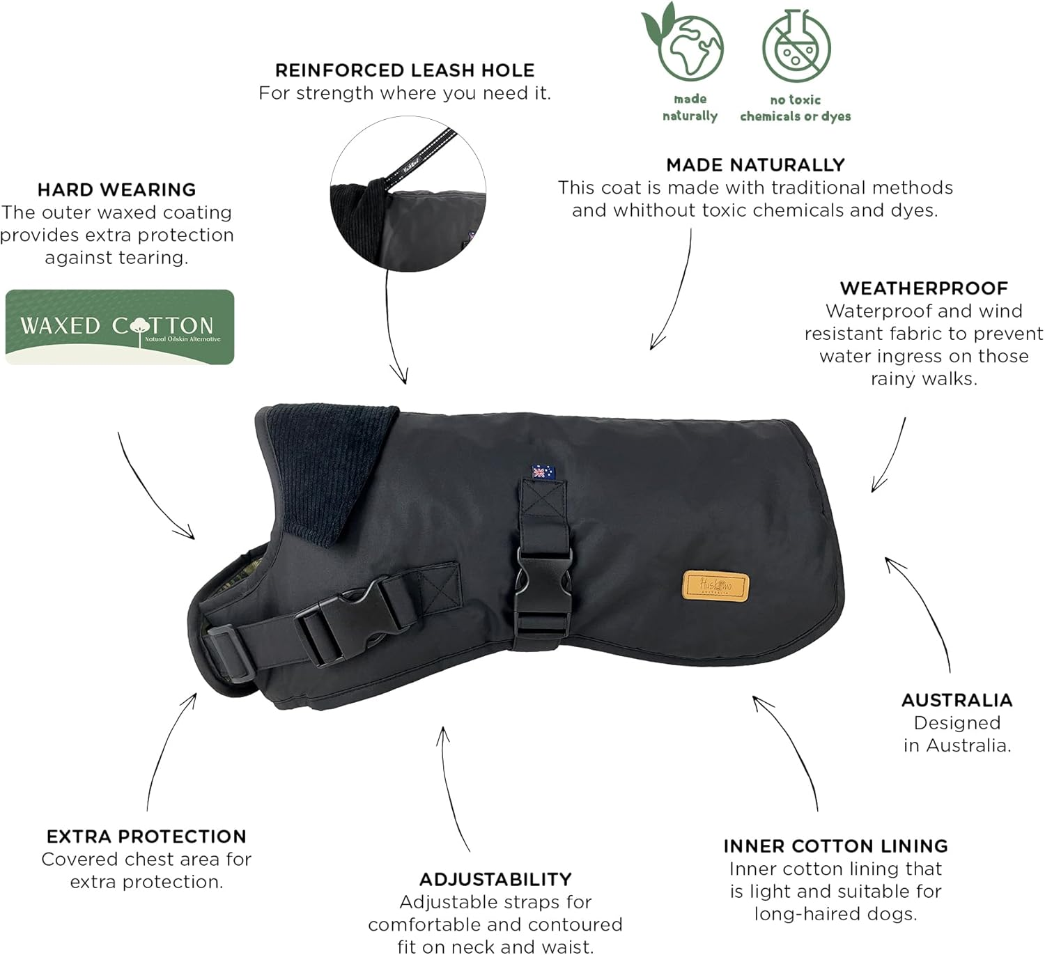 Huskimo Dog Coat Waxed Cotton Thunder 67Cm, Black &ndash; Waterproof & Windproof Dog Jacket with Corduroy Neck Panel, Adjustable Fit, Soft Cotton Lining, Eco-Friendly Oilskin Alternative image number 2