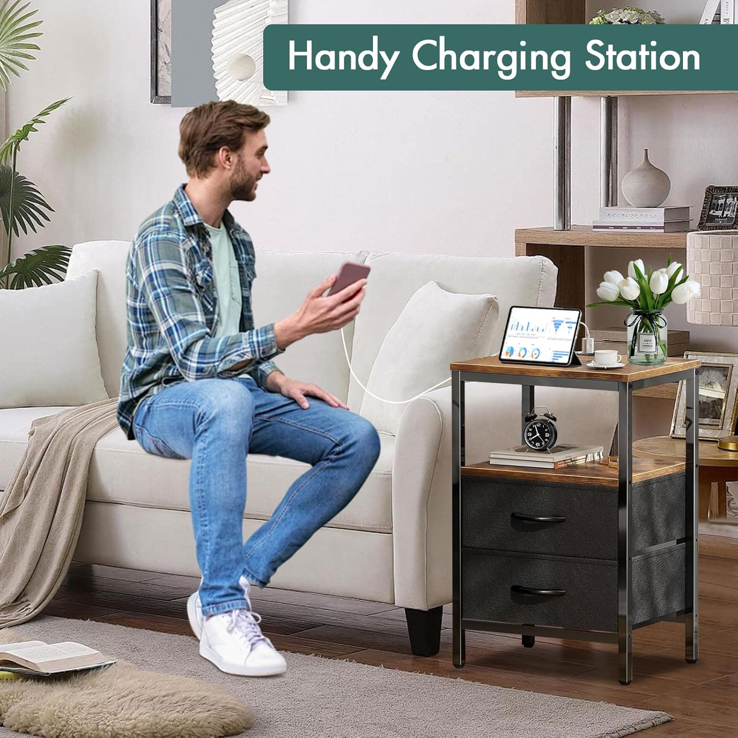 Night Stand with Charging Station, 3-Tier Storage Nightstand with 2 Fabric Drawer,End Tables Bedroom Bedside Table with Charging Station for Bedroom, Dorm, Living Room - Easy Assembly, Sturdy Design image number 1