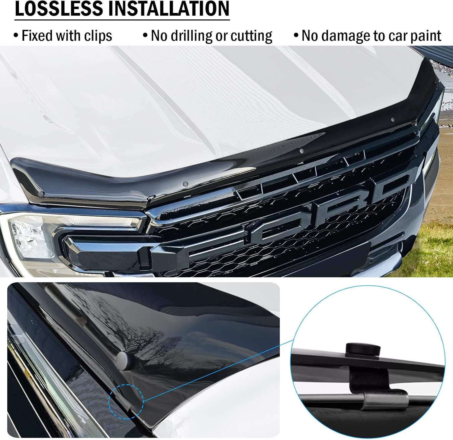 SUERAUTO4X4 Bonnet Protector Weather Shields for Ford Ranger Next Gen 2022-2025 Accessories,Tinted Black Bonnet Stone Guard Weathershields Window Visors Wind Deflectors Injection, 5Pcs/Set image number 6