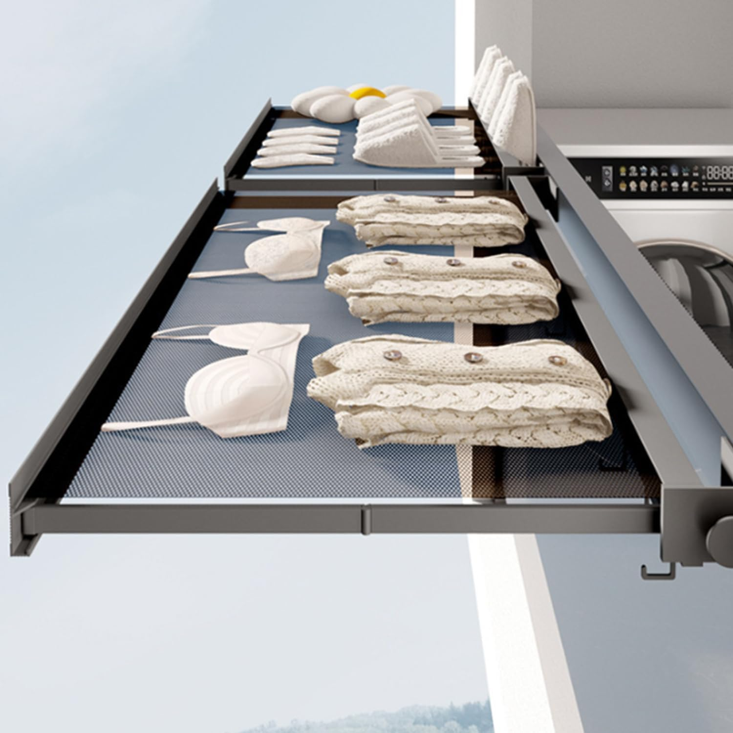 Uandhome Foldable Clothes Drying Rack,Wall Mounted Mesh Clothes Hanger Rack,Sweater Drying Rack with 6 Hooks,Laundry Drying Rack for Bathroom,Balcony,Wash Basins(Black 49Cm)