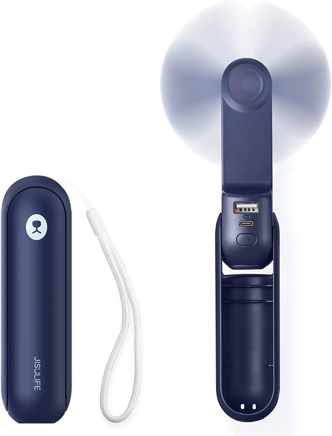 JISULIFE Portable Handheld Fan, Mini Pocket Personal Hand Fan, USB Rechargeable Battery Operated 14-21 Hours, Multifunctional Foldable Fan with Power Bank, Flashlight for Travel, Gift, Kids - Blue