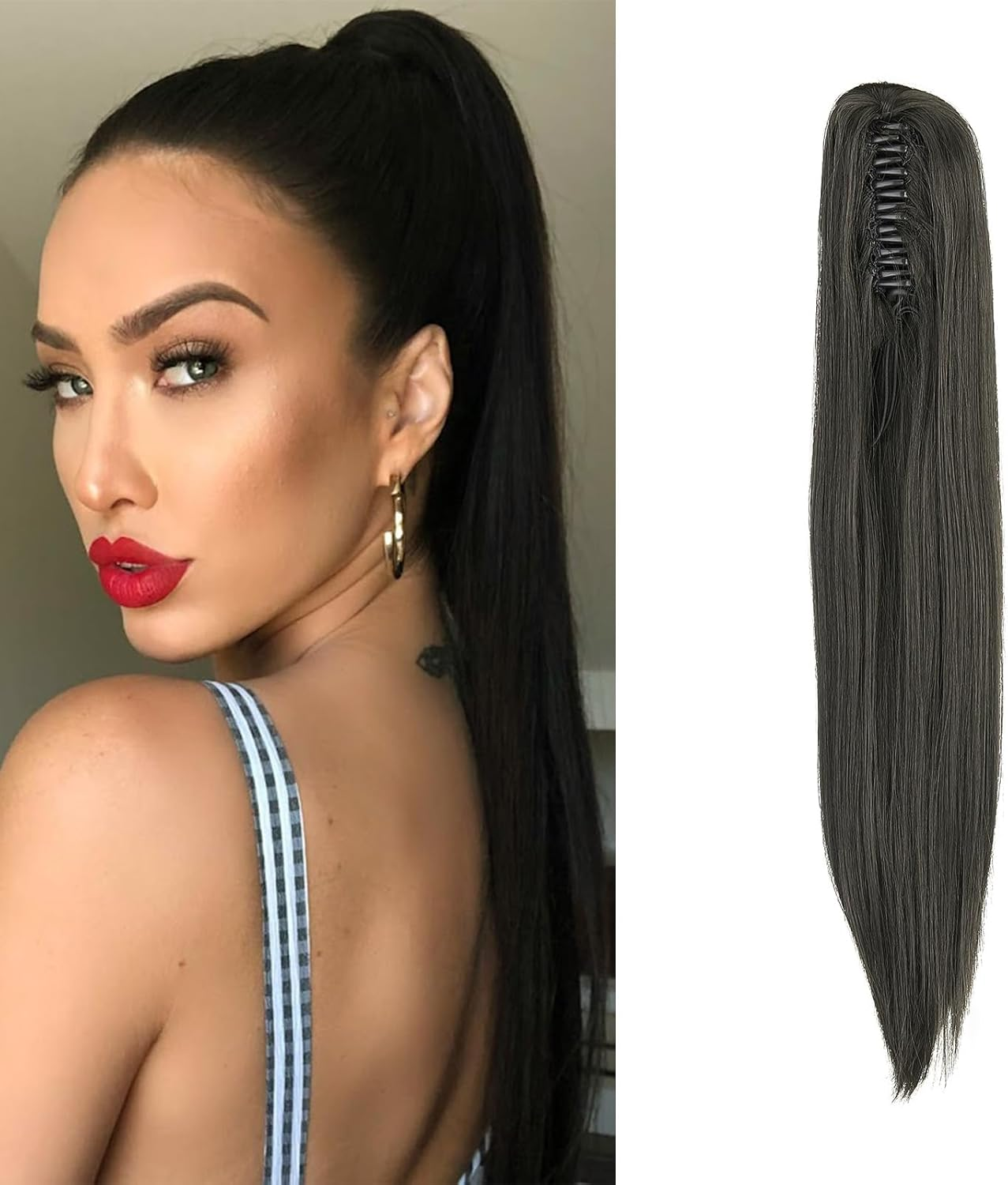 Dcbaboo Ponytail Extension Natural Smooth Hair Extension Natural Hair Clip 50 Cm Hairpiece Natural Hair Ponytail Clip Long Synthetic Straight Ponytail Dark Auburn image number 4