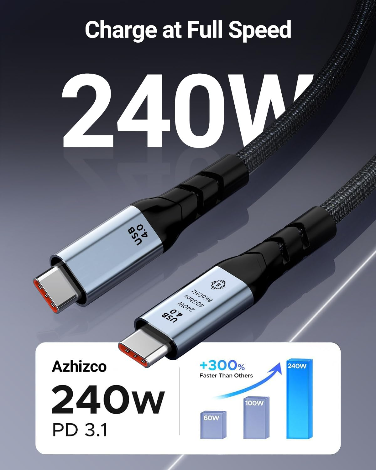 Azhizco USB 4 Cable for Thunderbolt 4 Cable 0.3M, 240W Fast Charging 40Gbps Data Sync, 8K/ 5K 60Hz Display Cable, Short USB C Cable Thunderbolt Cable for SSD Docking Hub Macbook Ipad Iphone 17 Pro Max - Usb C To C 240W Grey image number 2