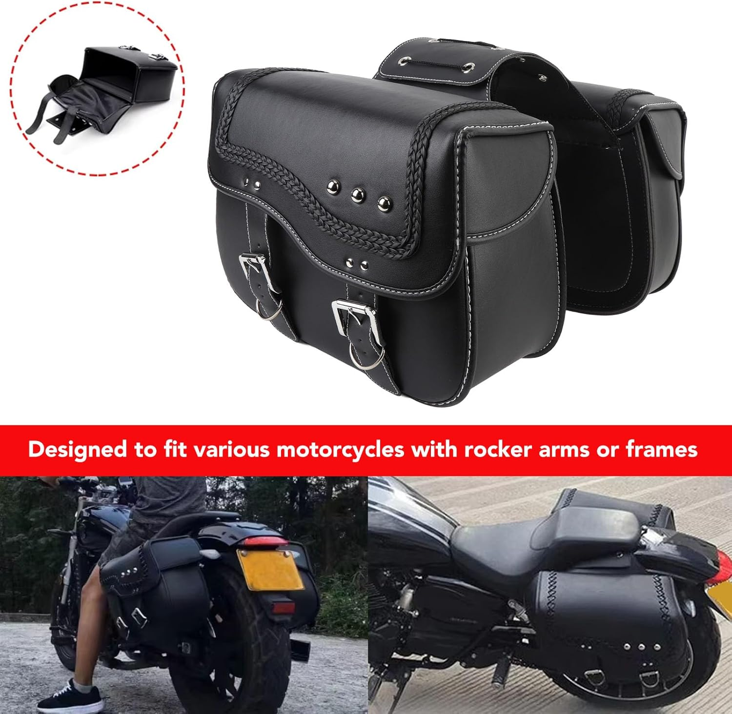 Motorcycle Saddlebags, 30L Large Capacity PU Leather Side Saddle Bags, Compatible with Motorcycle Dirt Bike Dual Sport Motorcross Motorbike Racing Mountain Off-Road, Black image number 1