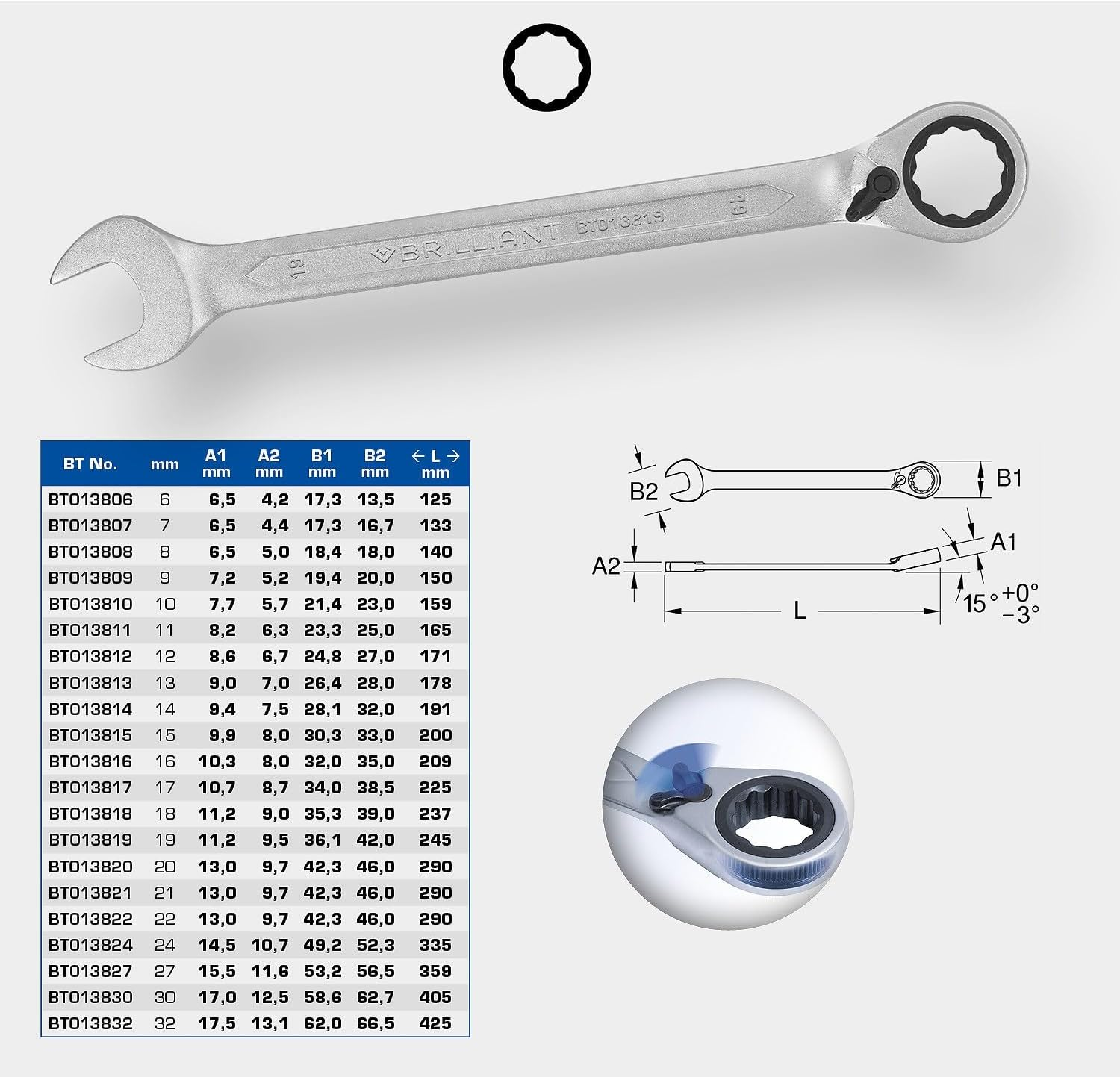 BRILLIANT TOOLS BT013807 Ratchet Ring Spanner 7Mm [Powered by KS TOOLS] image number 2