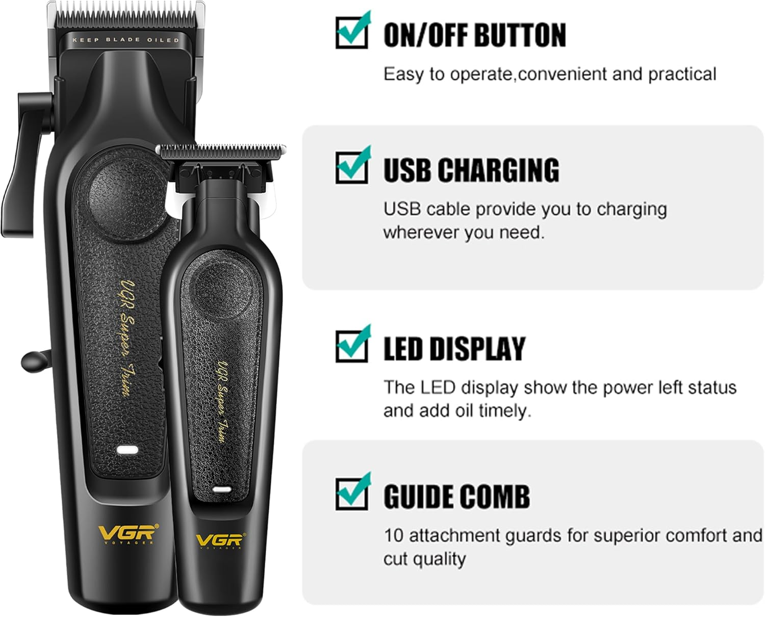 VGR 197 & 995 Professional Barber Combo for Men, Cordless Hair Clippers & Zero Gapped Trimmer Set, Dual-Speed Edgers with Ceramic Stainless Steel Blades, LED Indicator image number 6