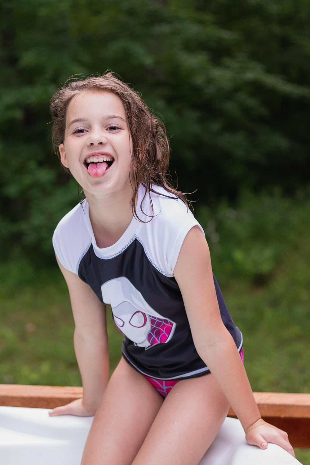 Marvel Spider-Man Spider-Gwen Girls UPF 50+ Rash Guard & Bikini Bottom Swimsuit Set Toddler to Little Kid, Black/Purple