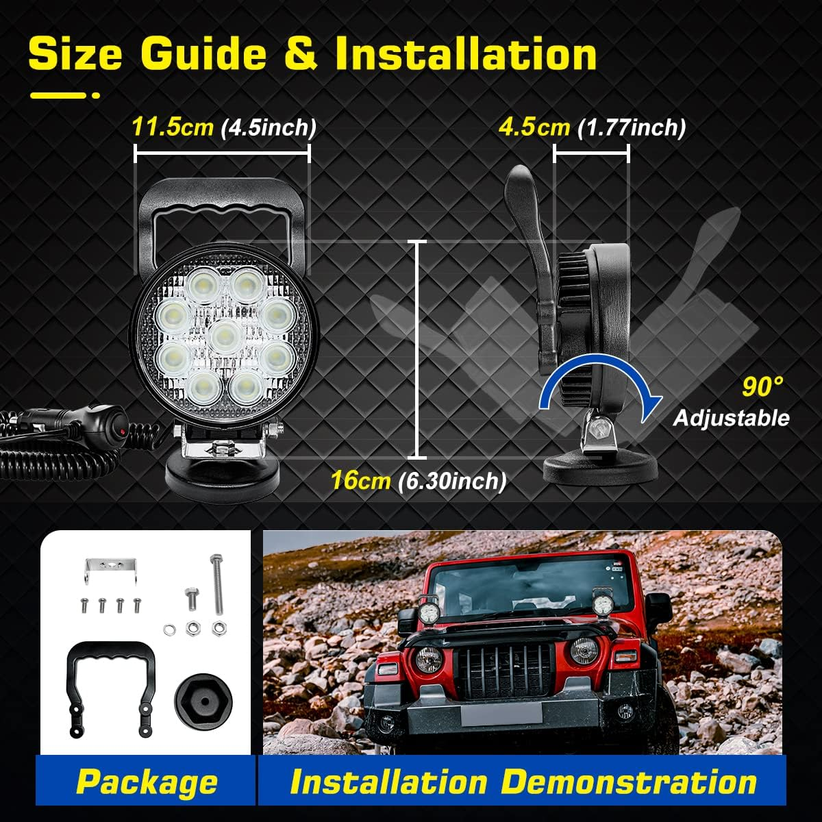 UCINNOVATE 12V 24V 27W round Magnetic Base LED Work Light Floodlight Offroad Driving Work Lamp Bar Flood Beam Fog Light for Car Truck Boat 4X4 IP67 Camping Light Lamp